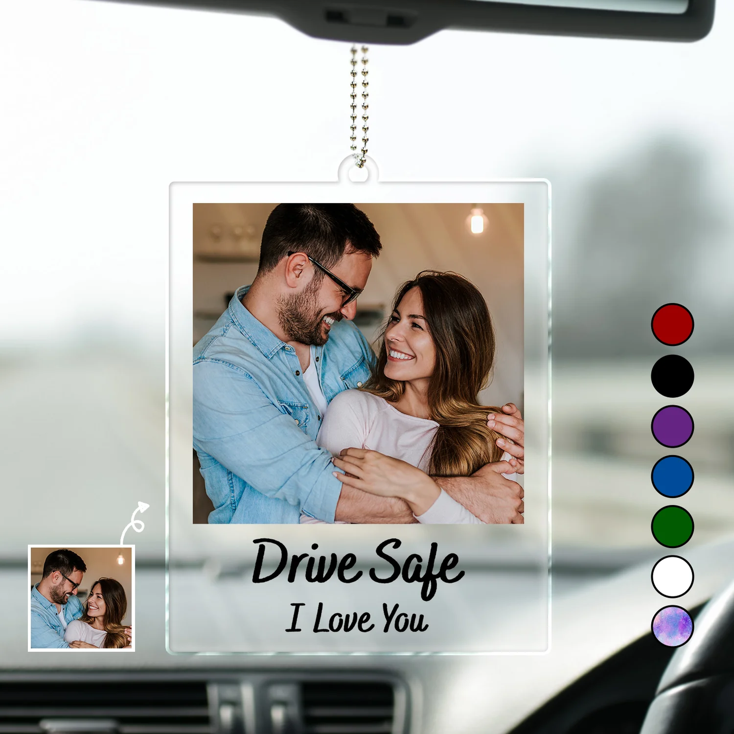 Personalized "Drive Safe" Polaroid-Style Car Photo Hanger for Couple, Family, and Pet Lovers