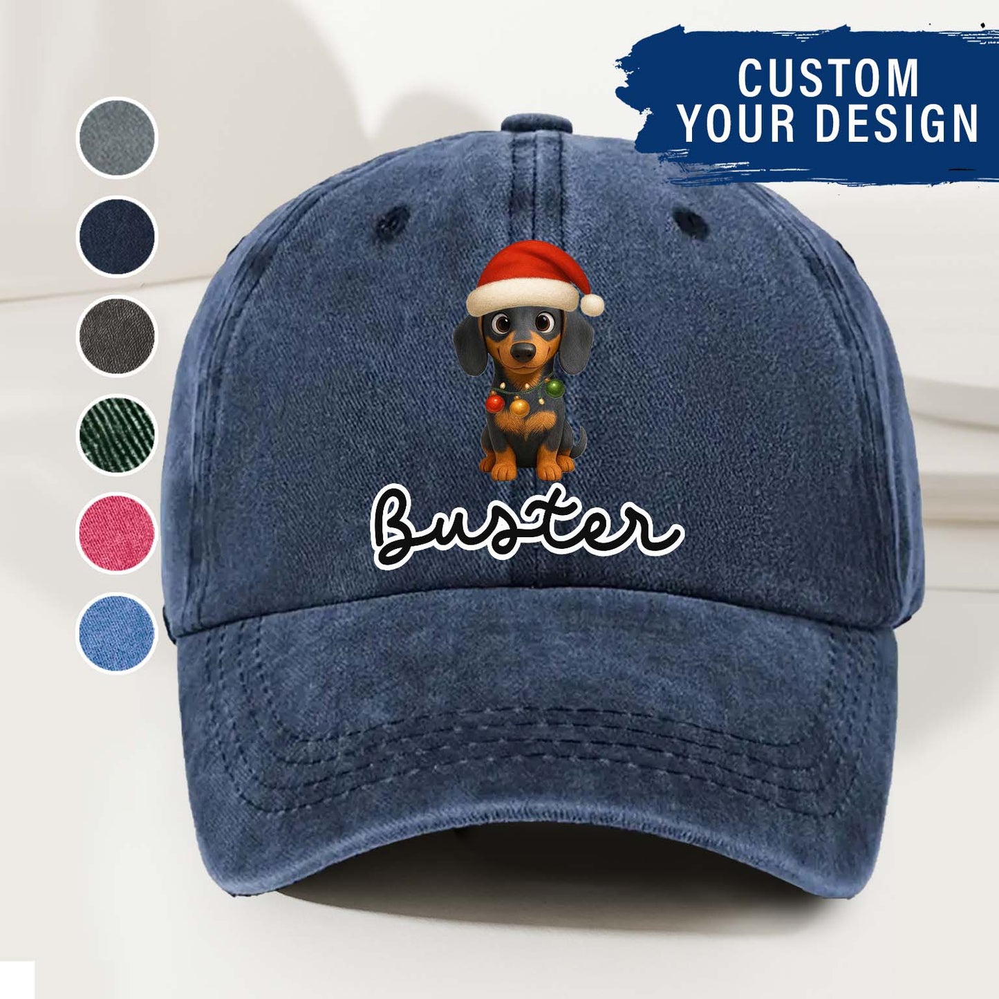 Personalized Dog Christmas Denim Wash Cap – Custom Pet Name & Cartoon