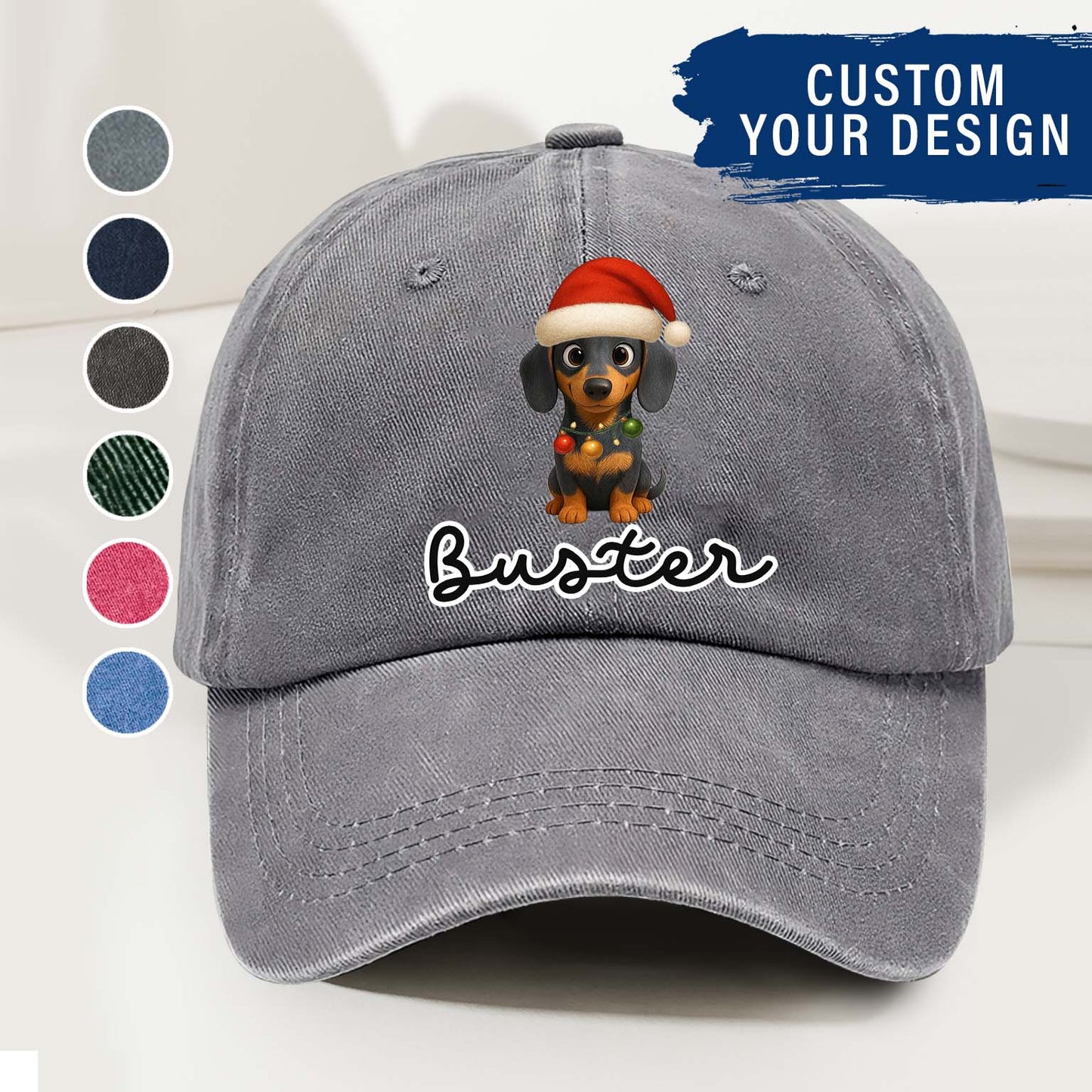 Personalized Dog Christmas Denim Wash Cap – Custom Pet Name & Cartoon