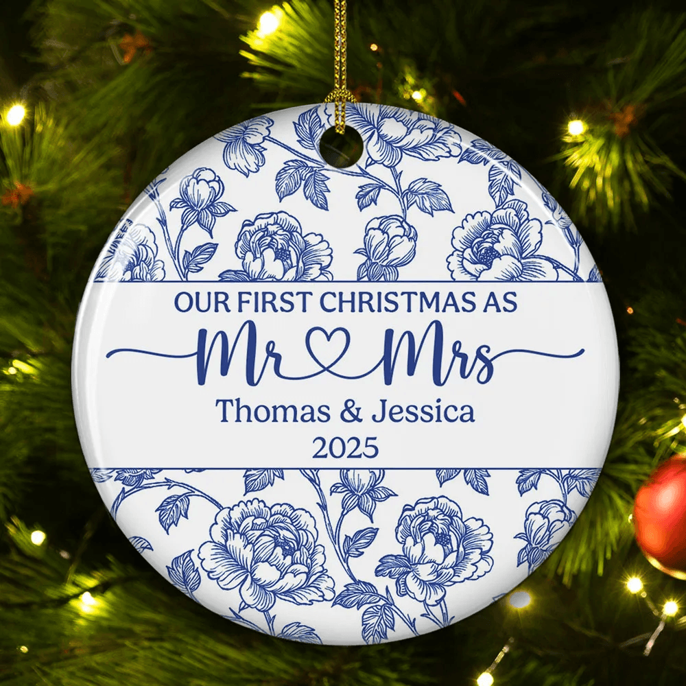 Personalized Couple Ceramic Ornament – Our First Christmas as Mr & Mrs