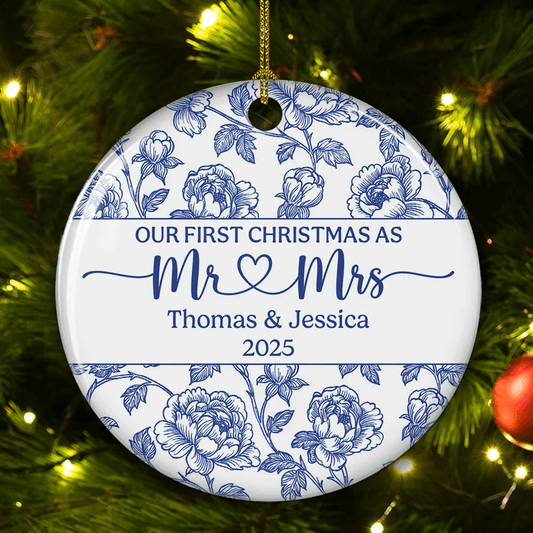 Personalized Couple Ceramic Ornament – Our First Christmas as Mr & Mrs