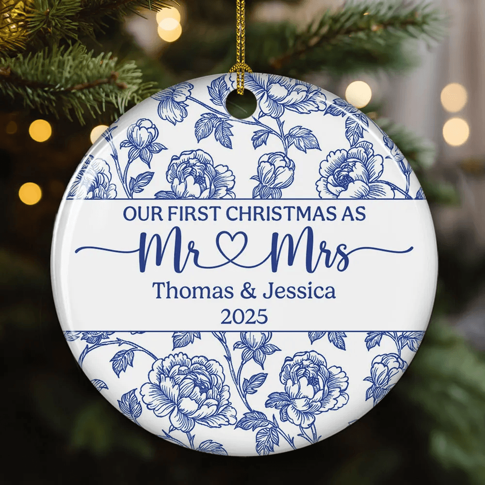 Personalized Couple Ceramic Ornament – Our First Christmas as Mr & Mrs