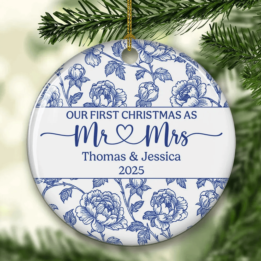 Personalized Couple Ceramic Ornament – Our First Christmas as Mr & Mrs