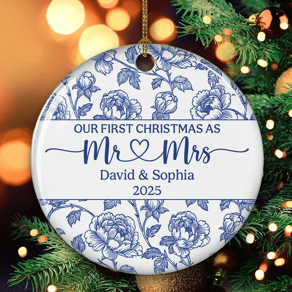 Personalized Couple Ceramic Ornament – Our First Christmas as Mr & Mrs