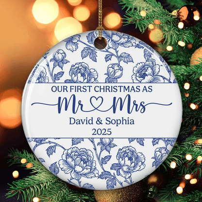 Personalized Couple Ceramic Ornament – Our First Christmas as Mr & Mrs