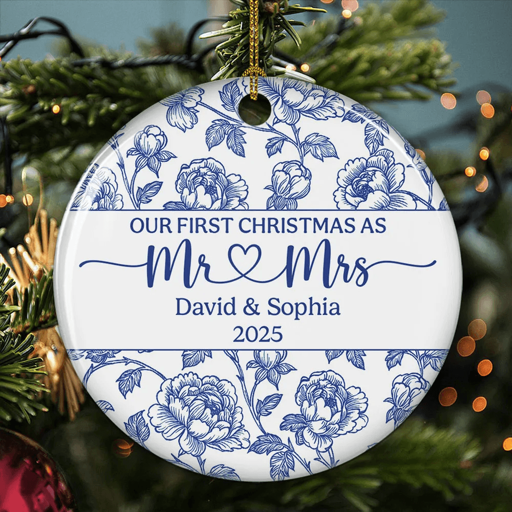 Personalized Couple Ceramic Ornament – Our First Christmas as Mr & Mrs