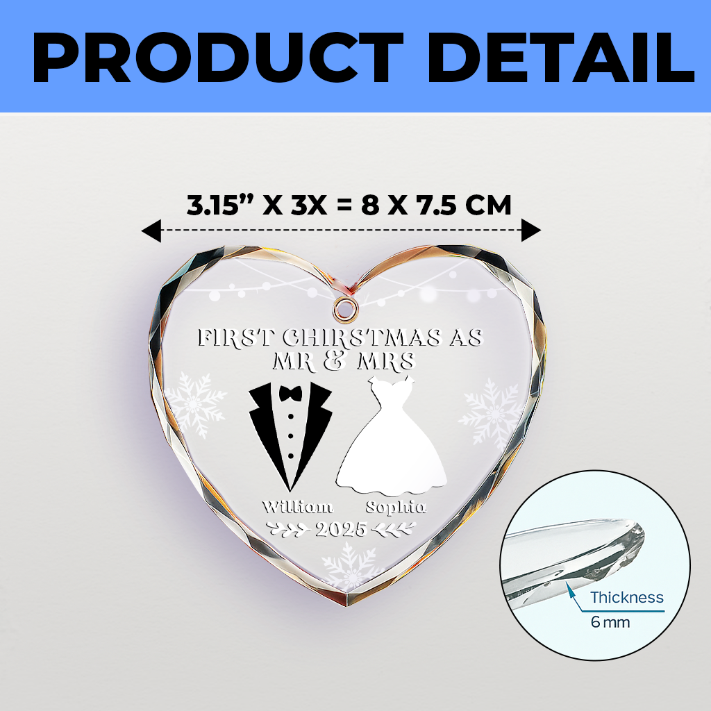 Custom Heart Glass Ornament -  Personalized Anniversary Christmas Wedding Gifts For Husband And Wife, Him And Her - Our First Christmas As Husband And Wife