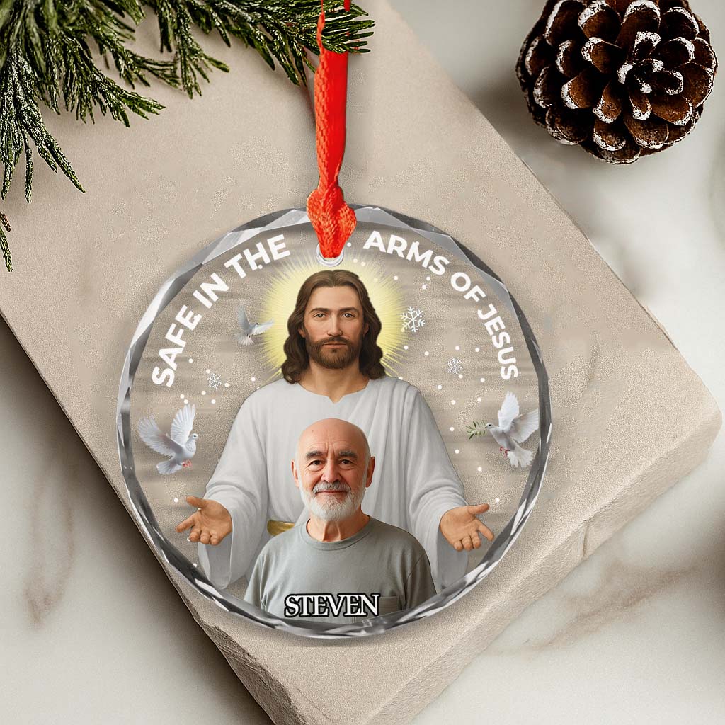 Personalized Memorial Glass Ornament – Safe In The Arms Of Jesus