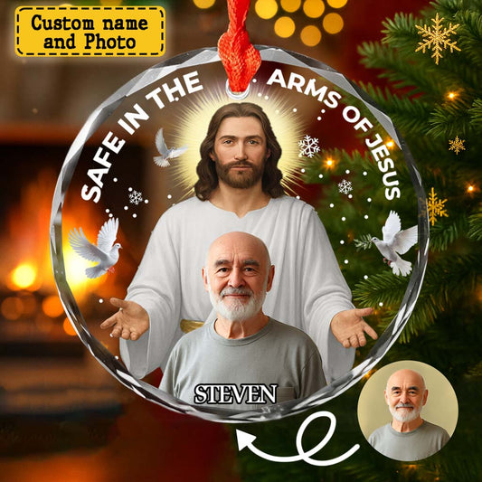 Personalized Memorial Glass Ornament – Safe In The Arms Of Jesus