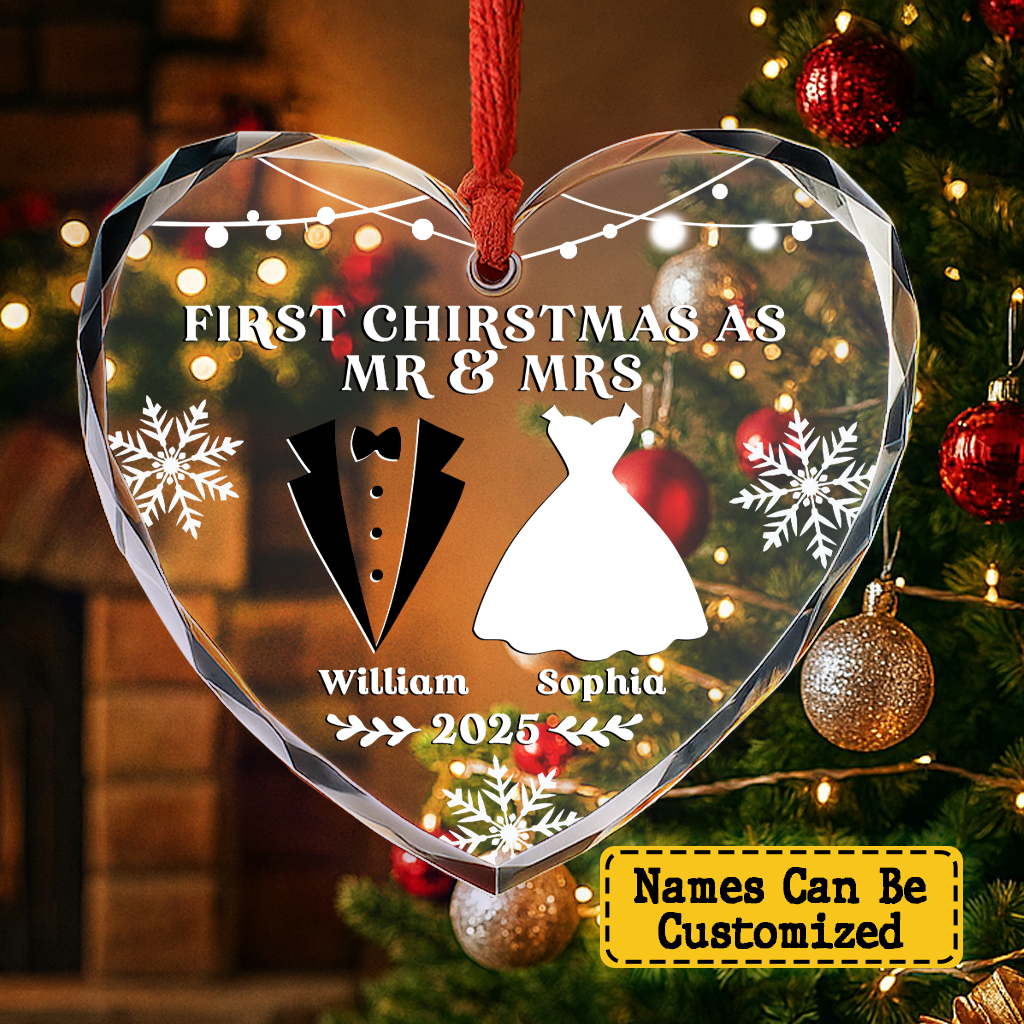 Custom Heart Glass Ornament -  Personalized Anniversary Christmas Wedding Gifts For Husband And Wife, Him And Her - Our First Christmas As Husband And Wife
