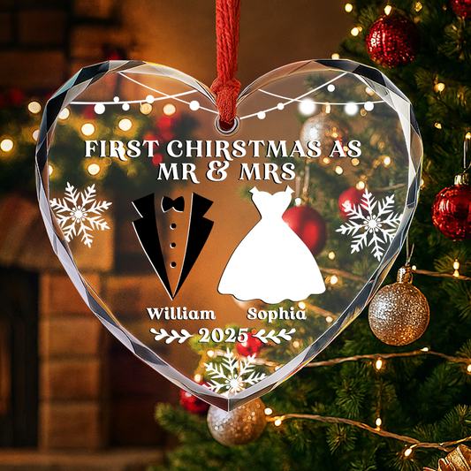 Custom Heart Glass Ornament -  Personalized Anniversary Christmas Wedding Gifts For Husband And Wife, Him And Her - Our First Christmas As Husband And Wife
