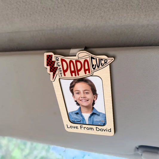Personalized Photo Car Visor Clip in Dual-Layer Wood - "Best Dad Ever" Edition