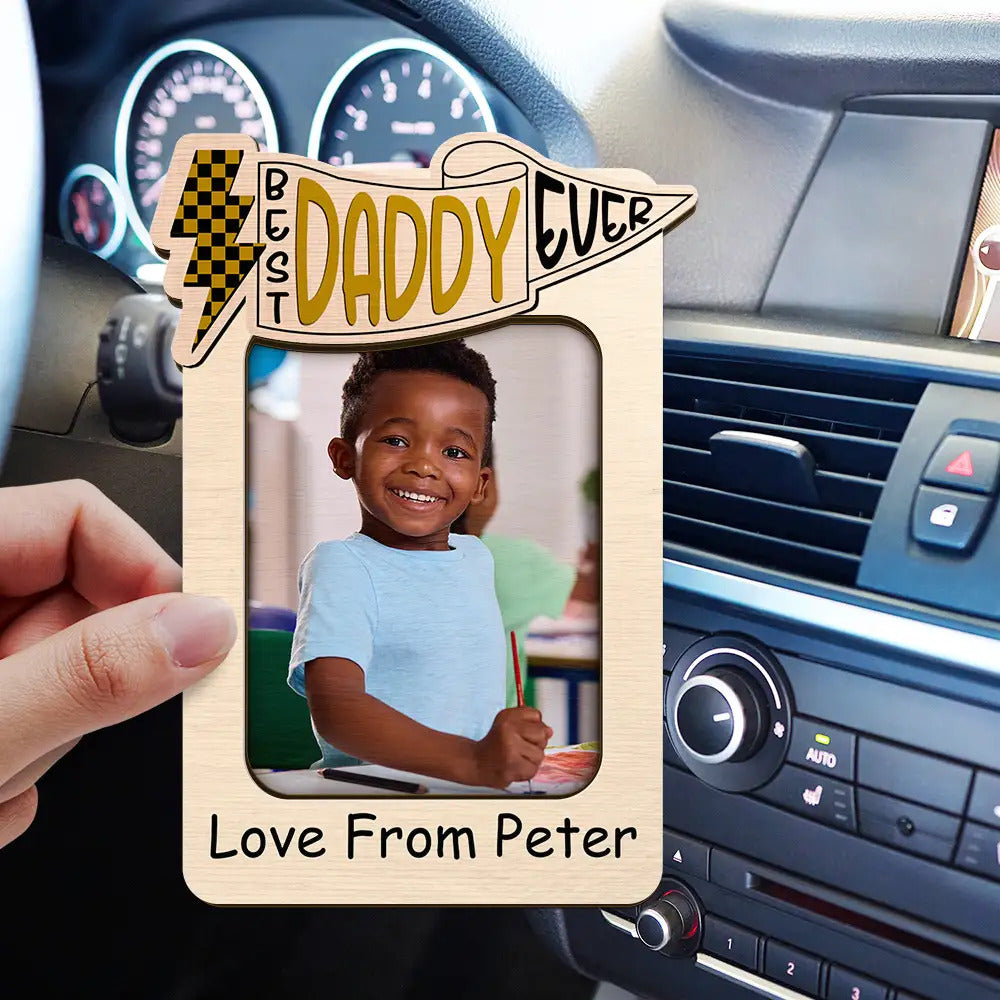 Personalized Photo Car Visor Clip in Dual-Layer Wood - "Best Dad Ever" Edition