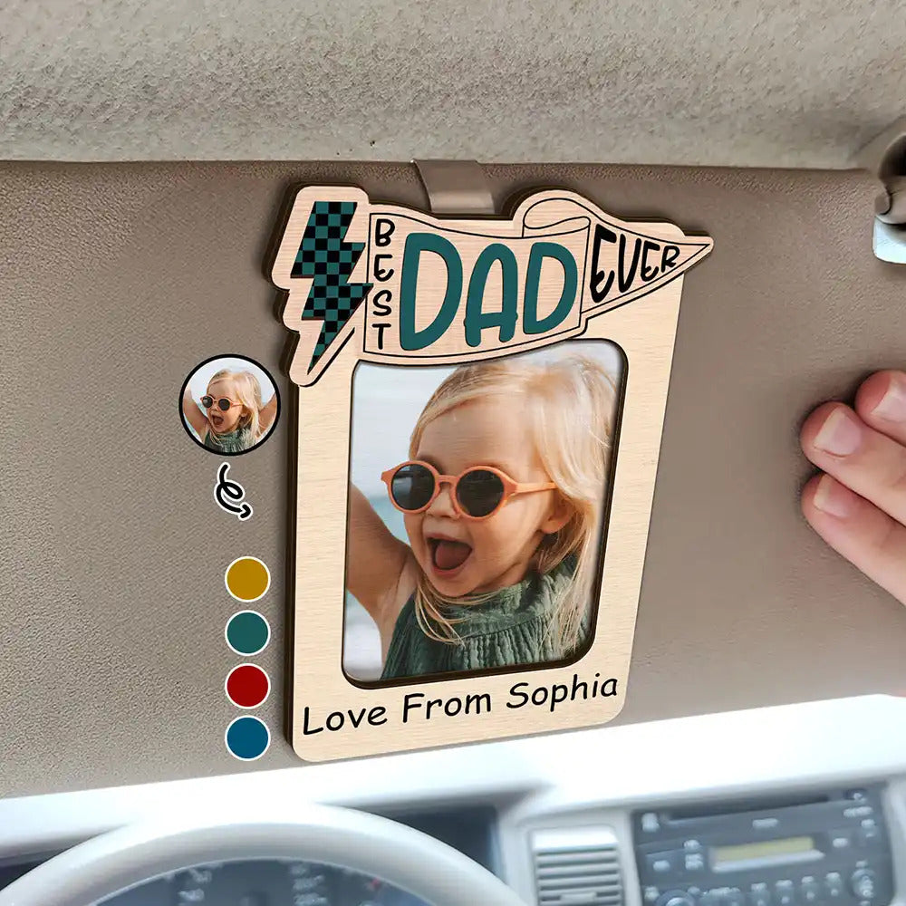 Personalized Photo Car Visor Clip in Dual-Layer Wood - "Best Dad Ever" Edition
