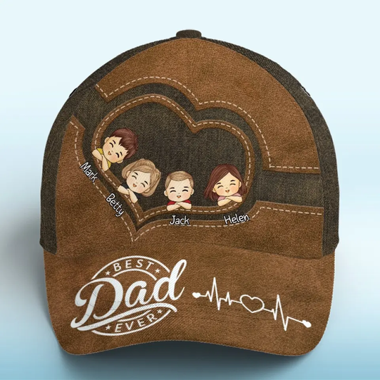 Personalized "Best Dad Ever" Family Heart Cap - with Custom Kid & Pet Portraits