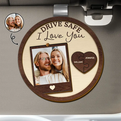 Personalized "Drive Safe" Couple's Puzzle Heart Visor Clip - Dual-Layer Wood
