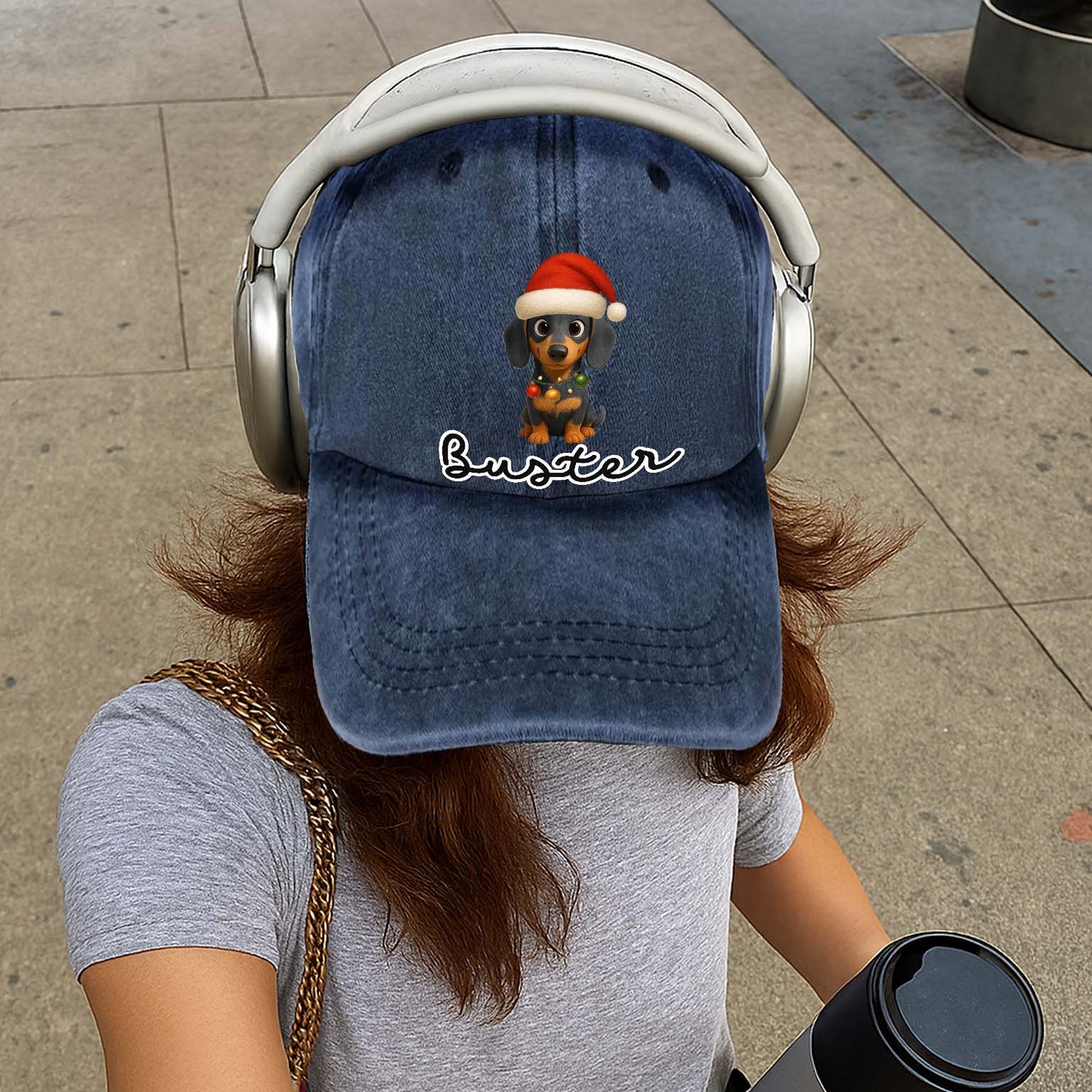 Personalized Dog Christmas Denim Wash Cap – Custom Pet Name & Cartoon