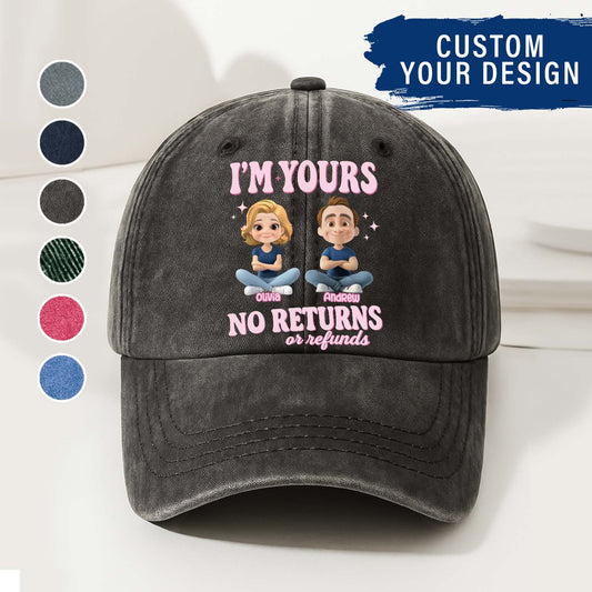 Personalized Couple Denim Wash Cap – I’m Yours, No Refunds