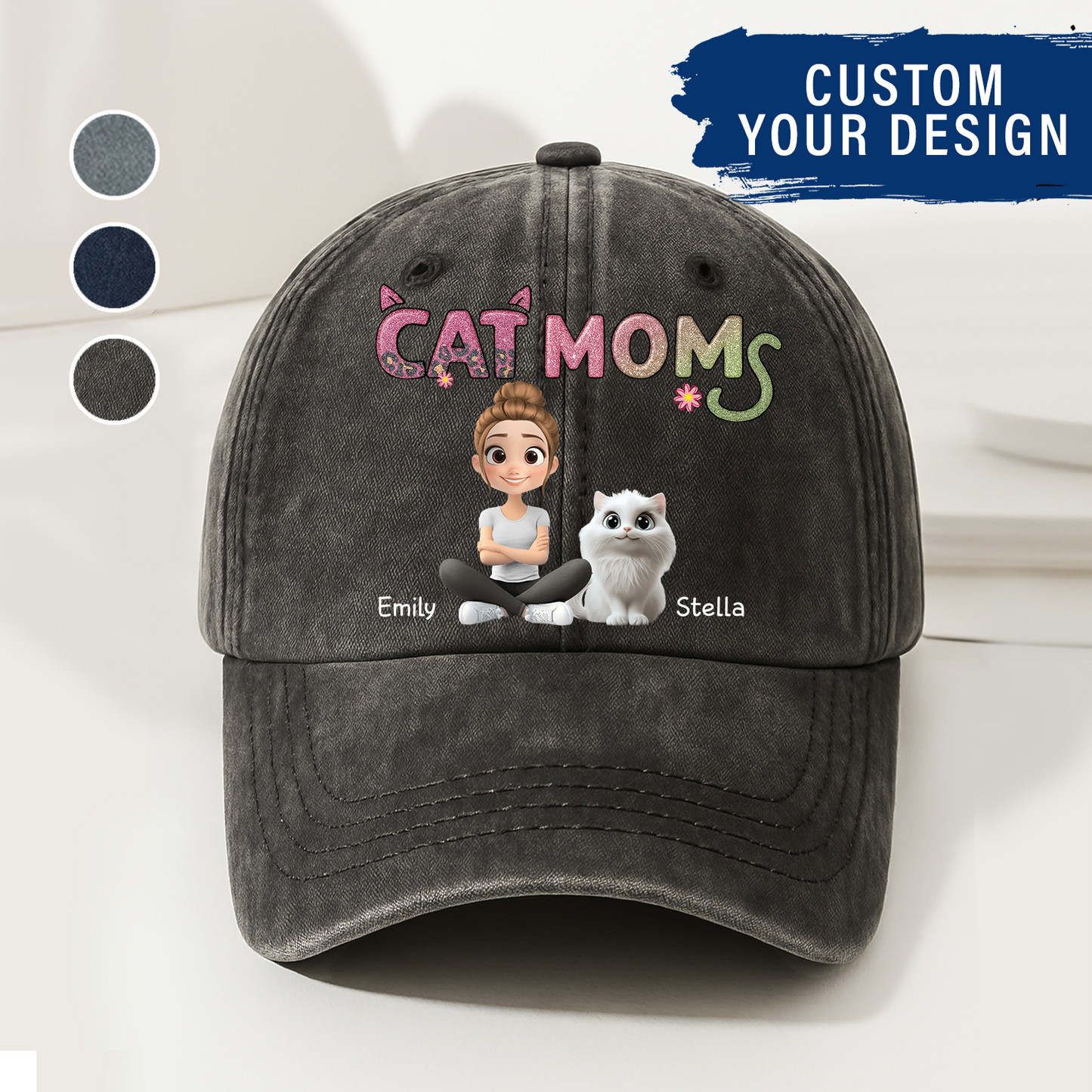 Cat Mom Cap - Custom Washed Cap Denim