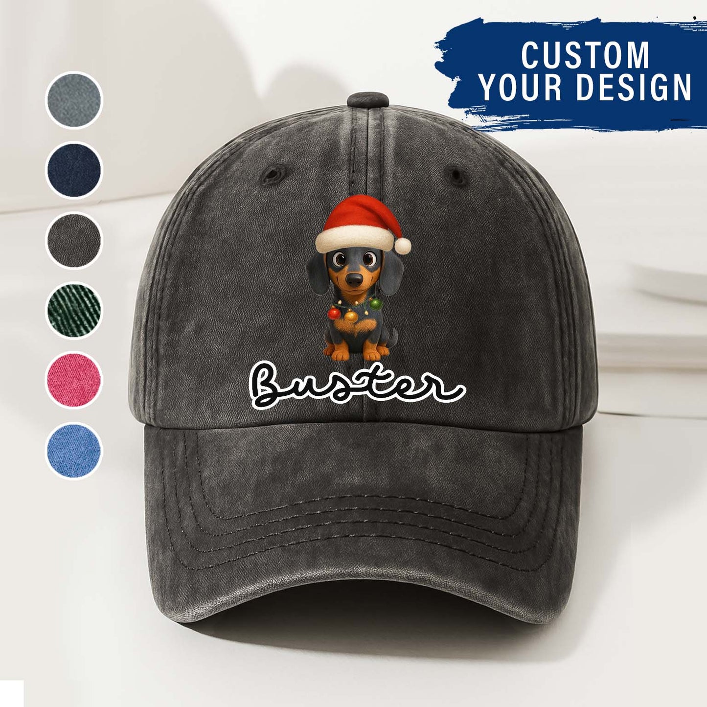 Personalized Dog Christmas Denim Wash Cap – Custom Pet Name & Cartoon