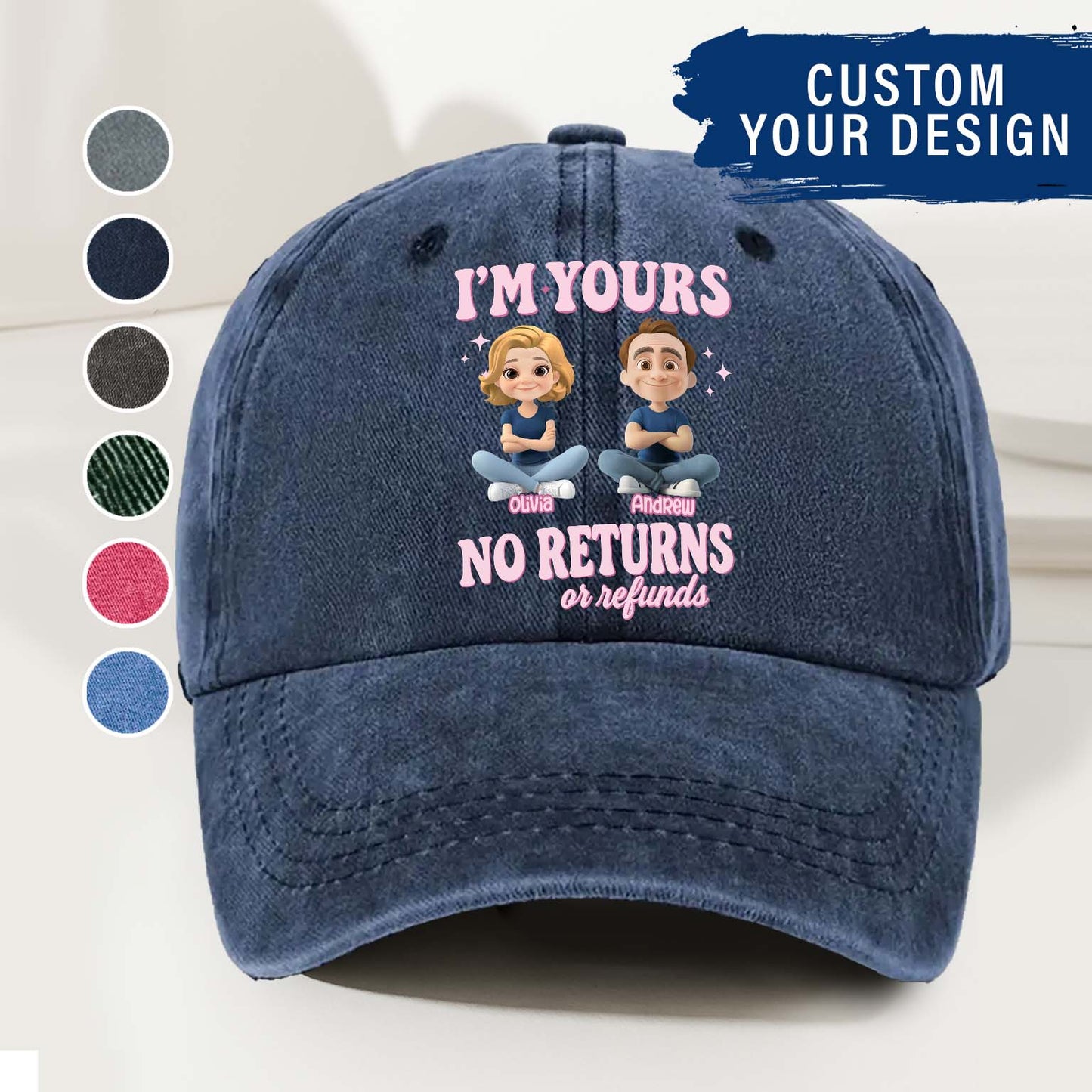 Personalized Couple Denim Wash Cap – I’m Yours, No Refunds
