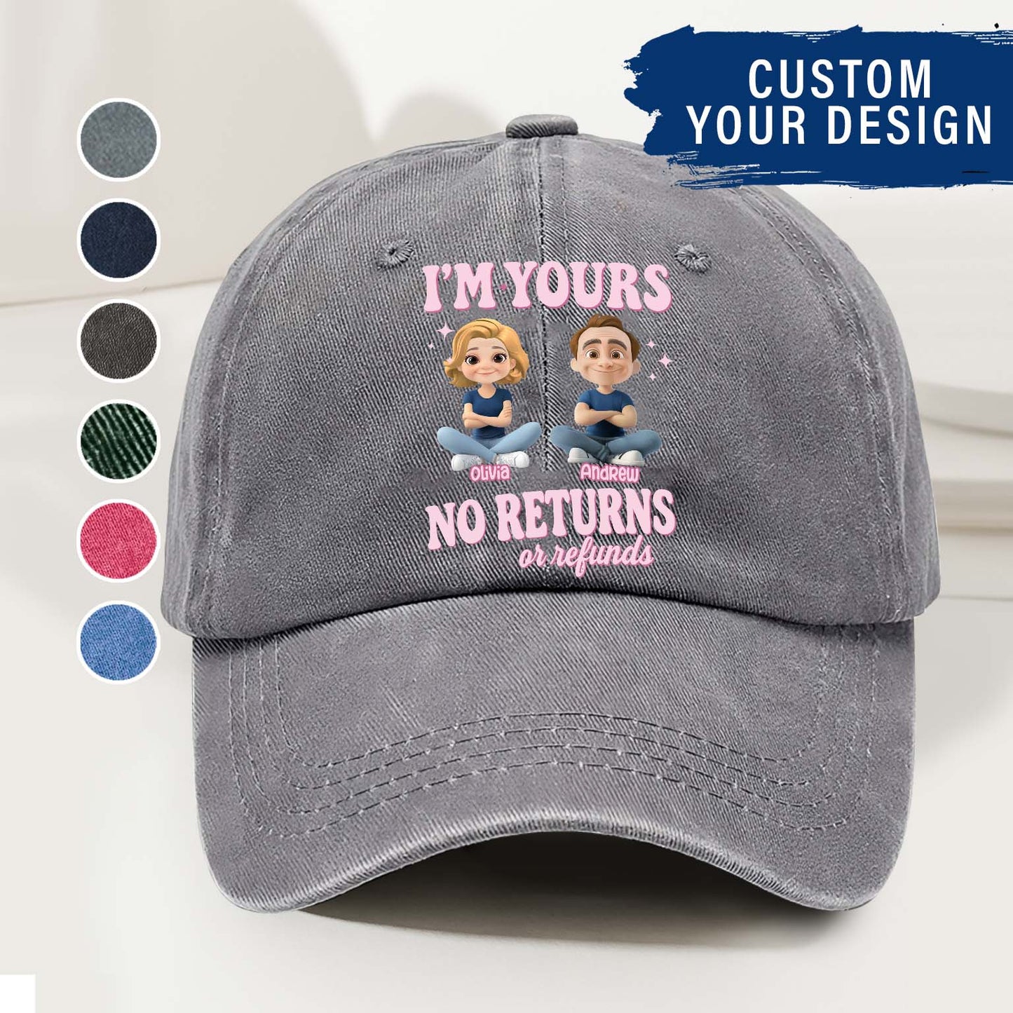 Personalized Couple Denim Wash Cap – I’m Yours, No Refunds