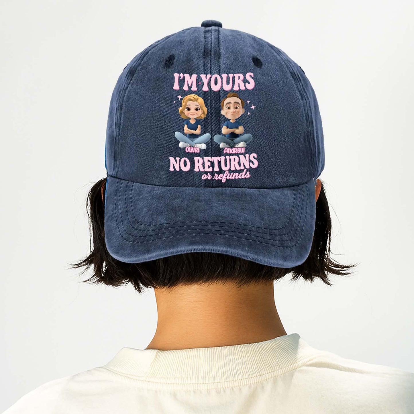 Personalized Couple Denim Wash Cap – I’m Yours, No Refunds