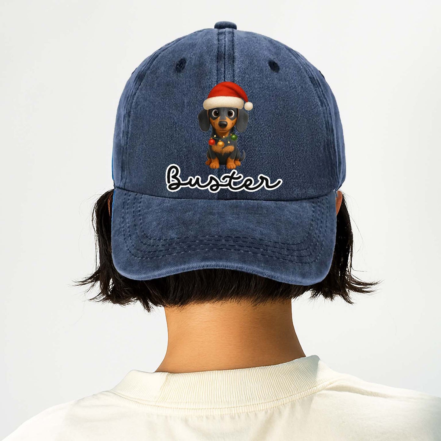 Personalized Dog Christmas Denim Wash Cap – Custom Pet Name & Cartoon
