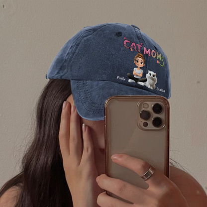 Cat Mom Cap - Custom Washed Cap Denim
