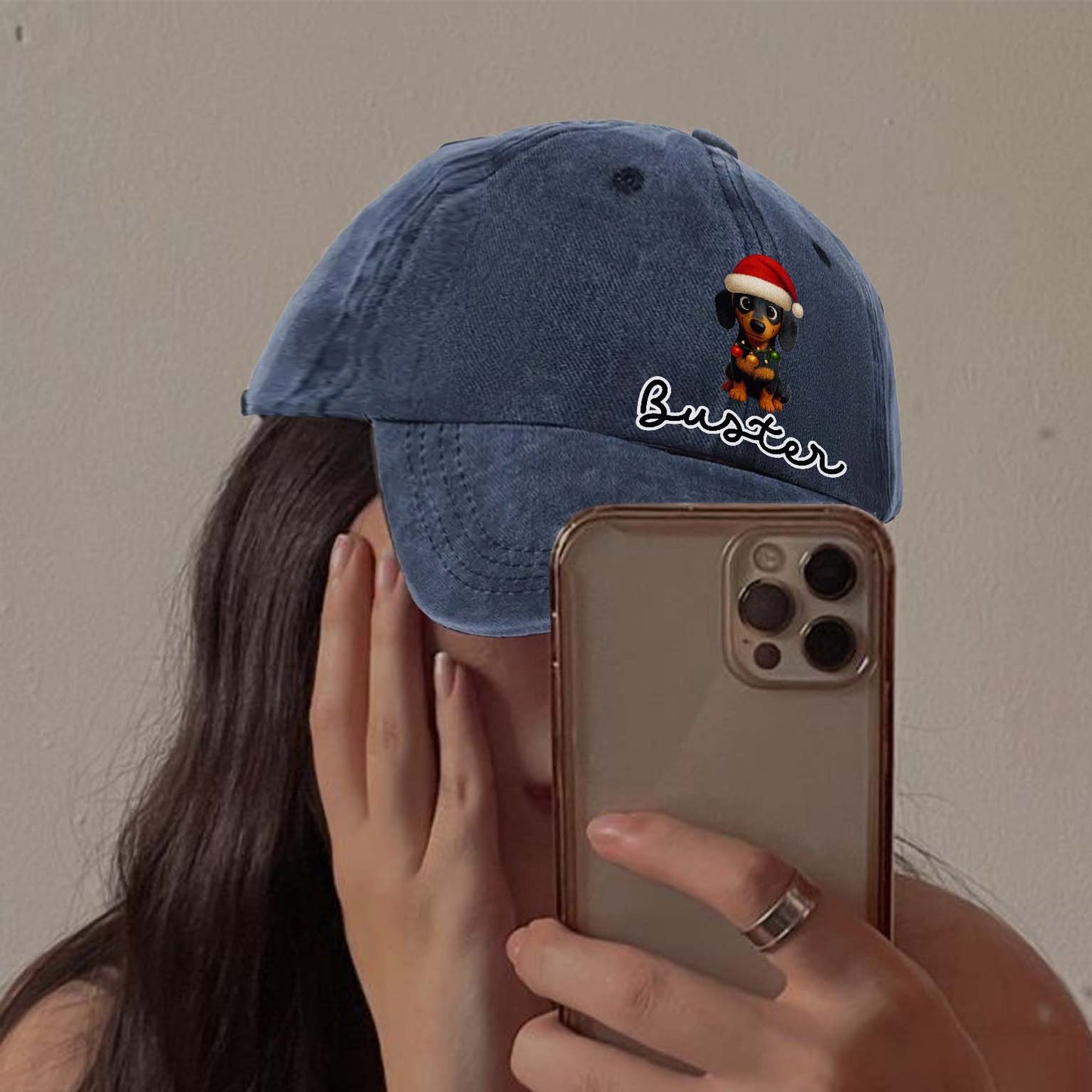Personalized Dog Christmas Denim Wash Cap – Custom Pet Name & Cartoon