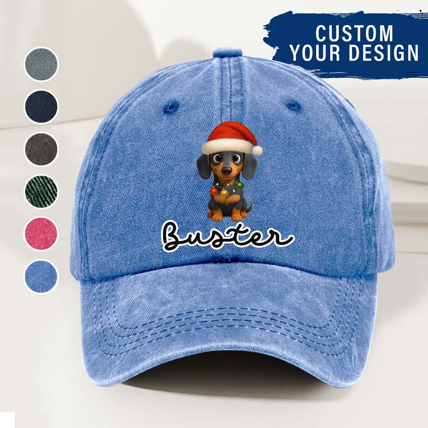 Personalized Dog Christmas Denim Wash Cap – Custom Pet Name & Cartoon