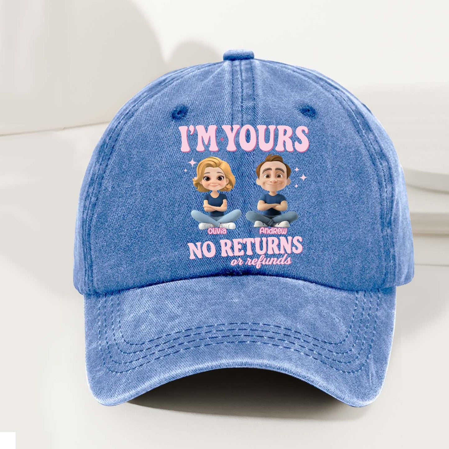 Personalized Couple Denim Wash Cap – I’m Yours, No Refunds