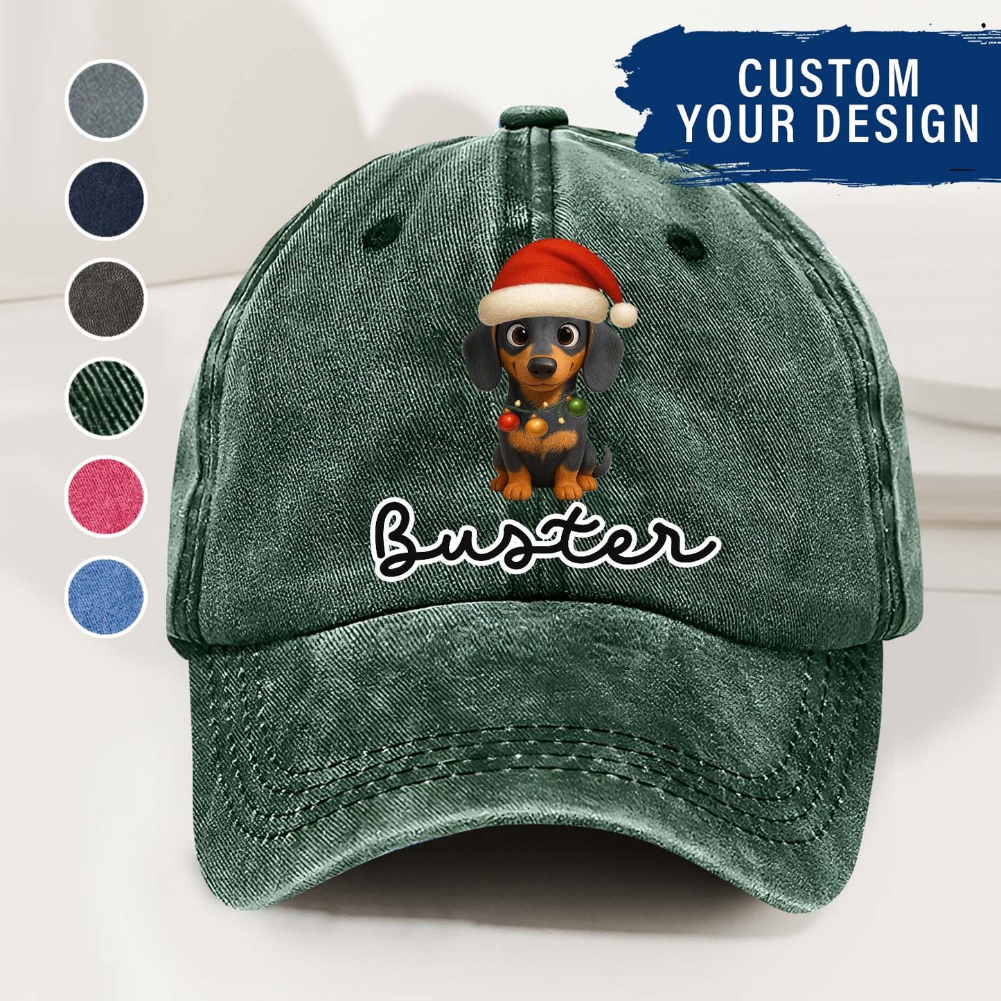Personalized Dog Christmas Denim Wash Cap – Custom Pet Name & Cartoon