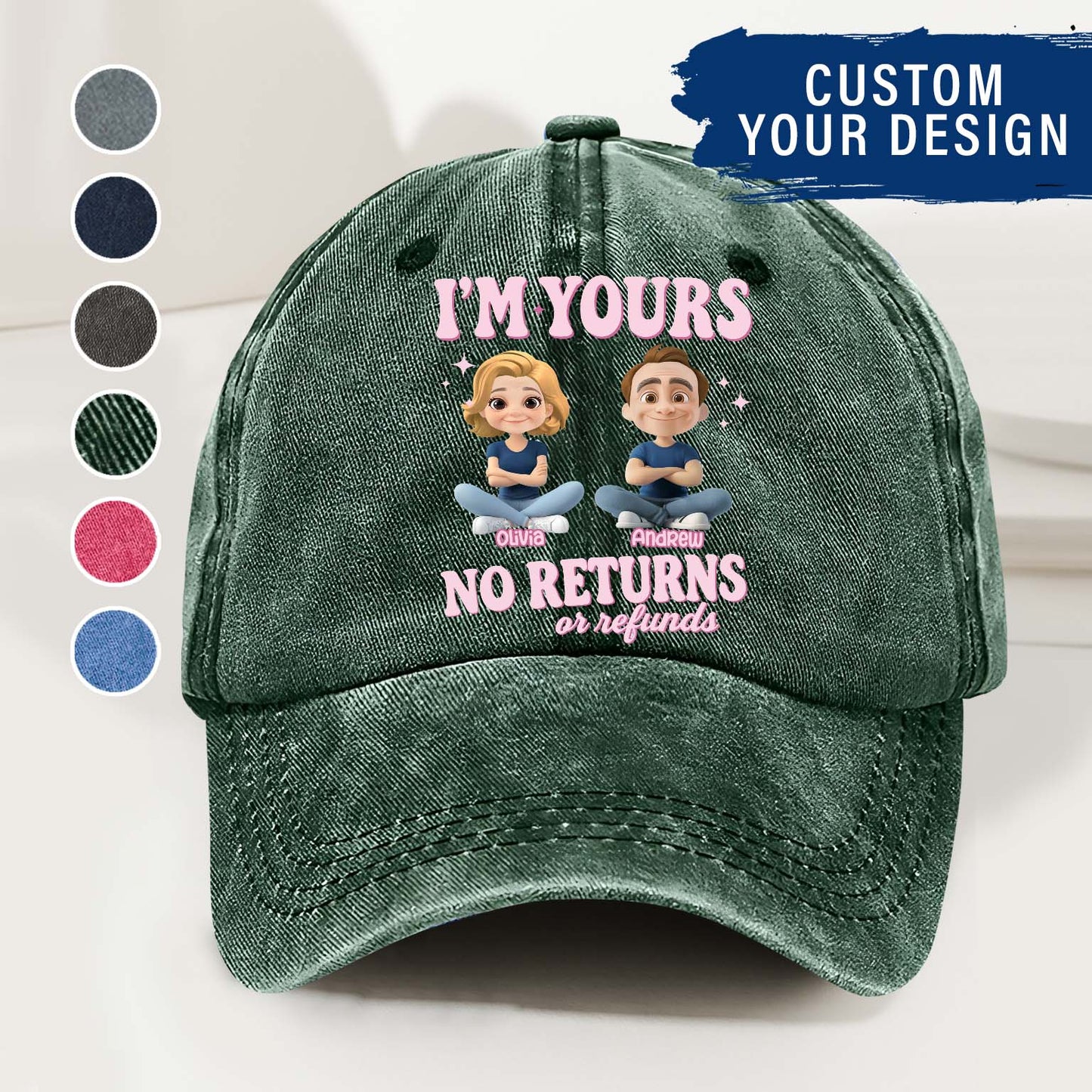 Personalized Couple Denim Wash Cap – I’m Yours, No Refunds