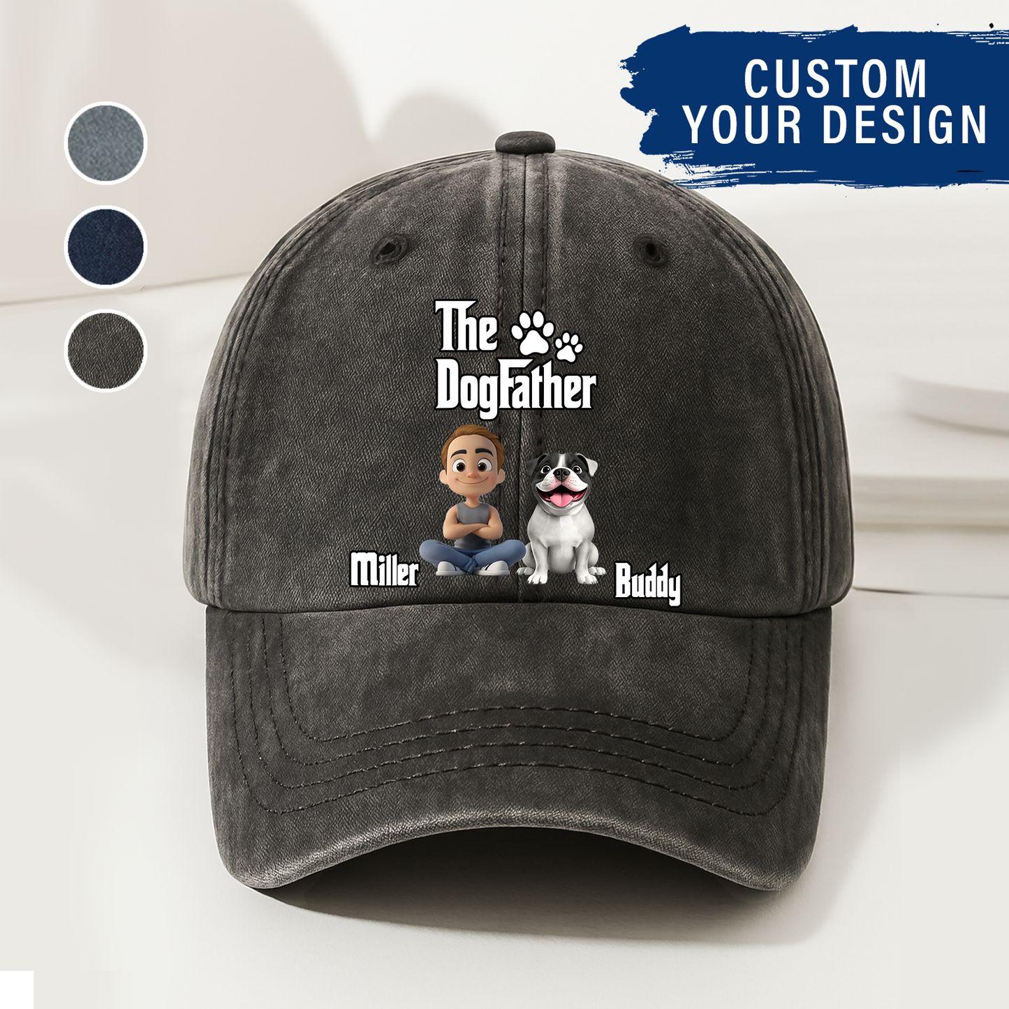 Cool Dog Father - Personalized Custom Vintage Washed Denim Cap