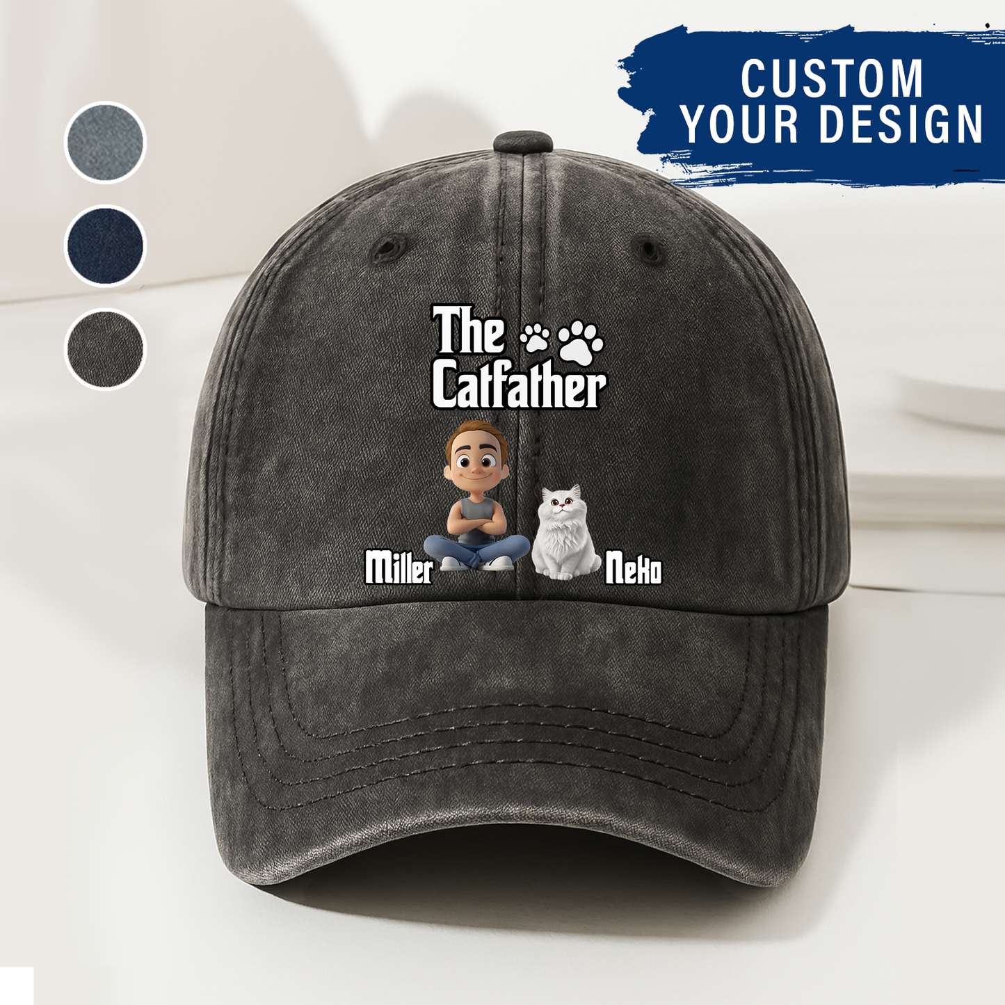 Cool Cat Father - Personalized Custom Vintage Washed Denim Cap