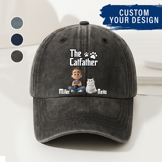Cool Cat Father - Personalized Custom Vintage Washed Denim Cap