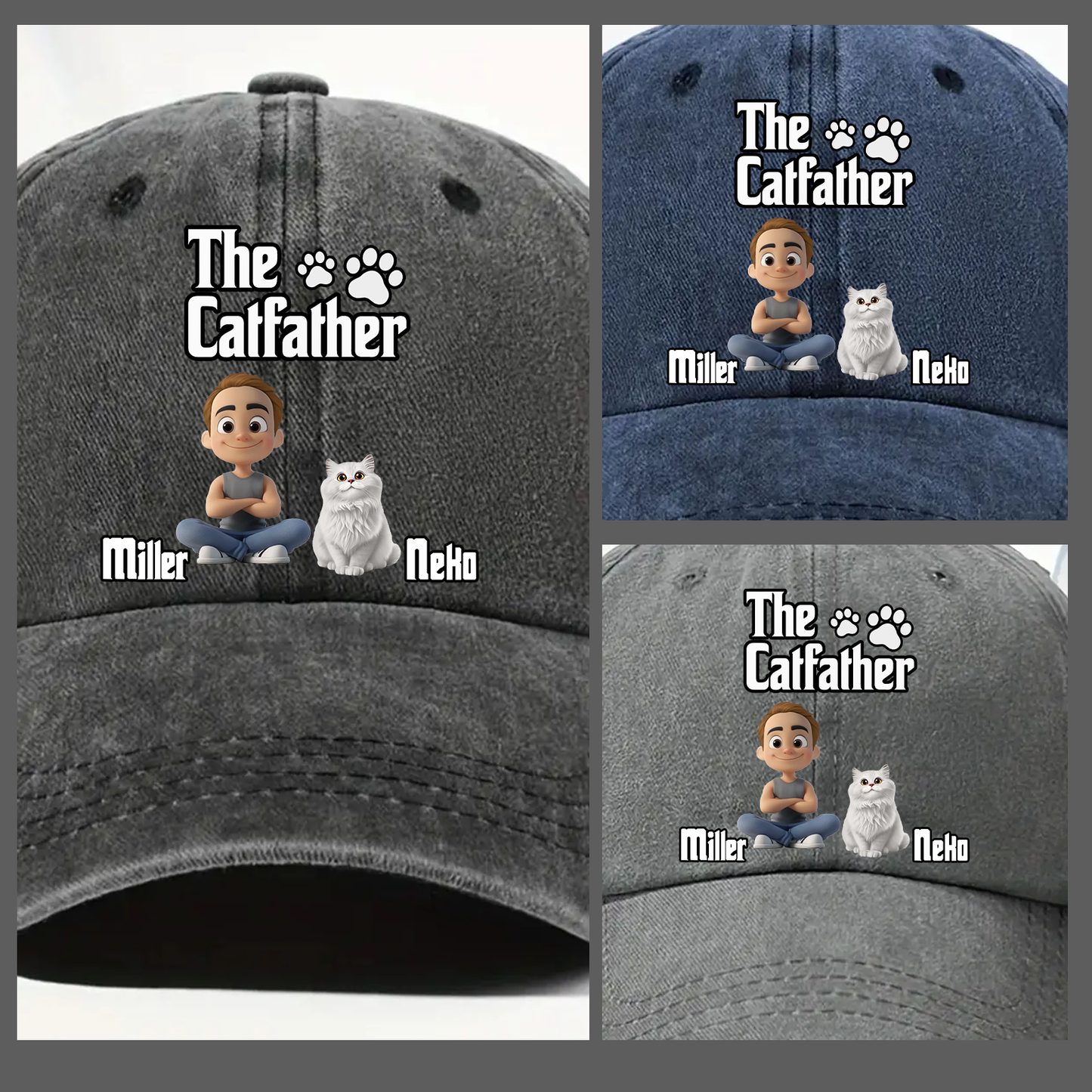 Cool Cat Father - Personalized Custom Vintage Washed Denim Cap