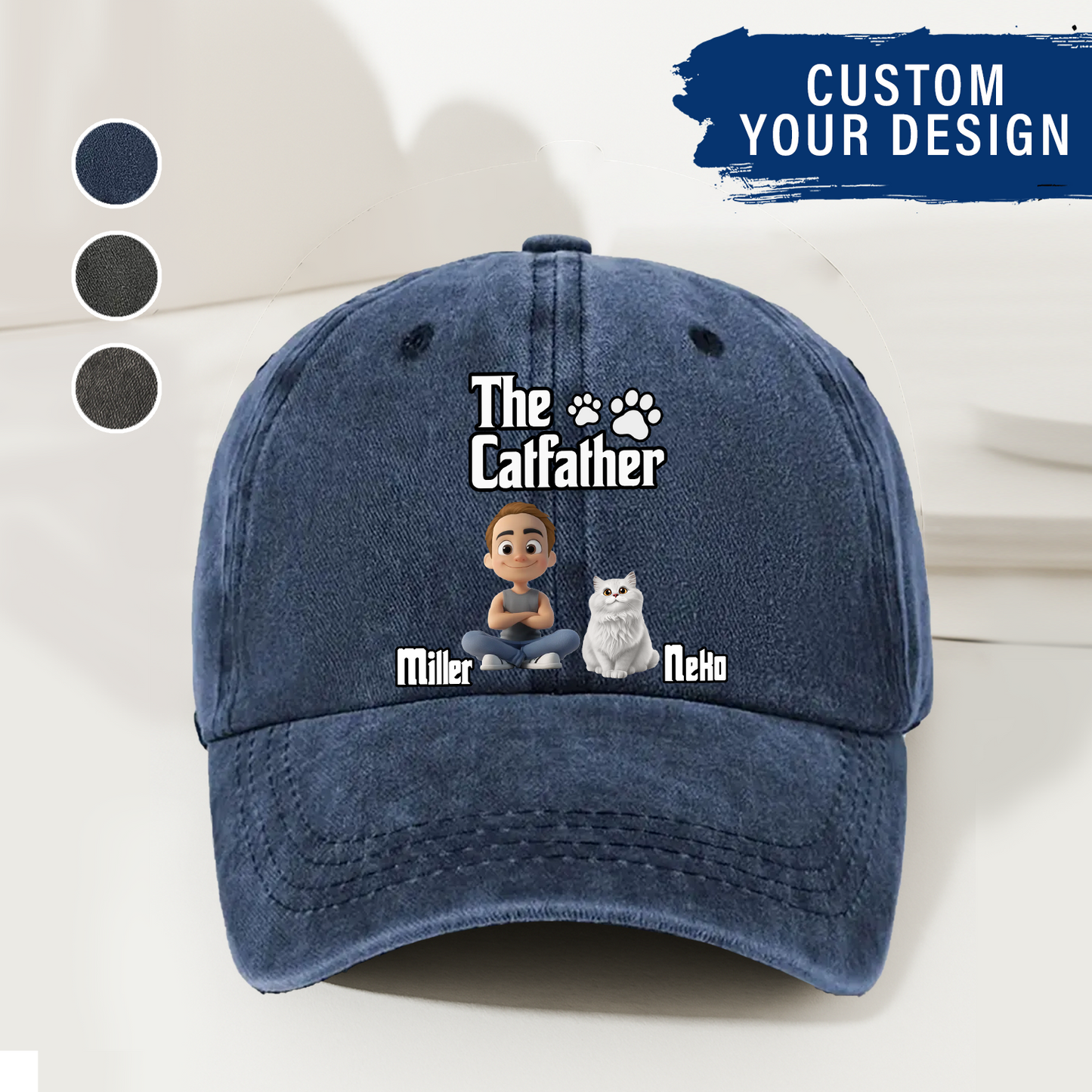 Cool Cat Father - Personalized Custom Vintage Washed Denim Cap