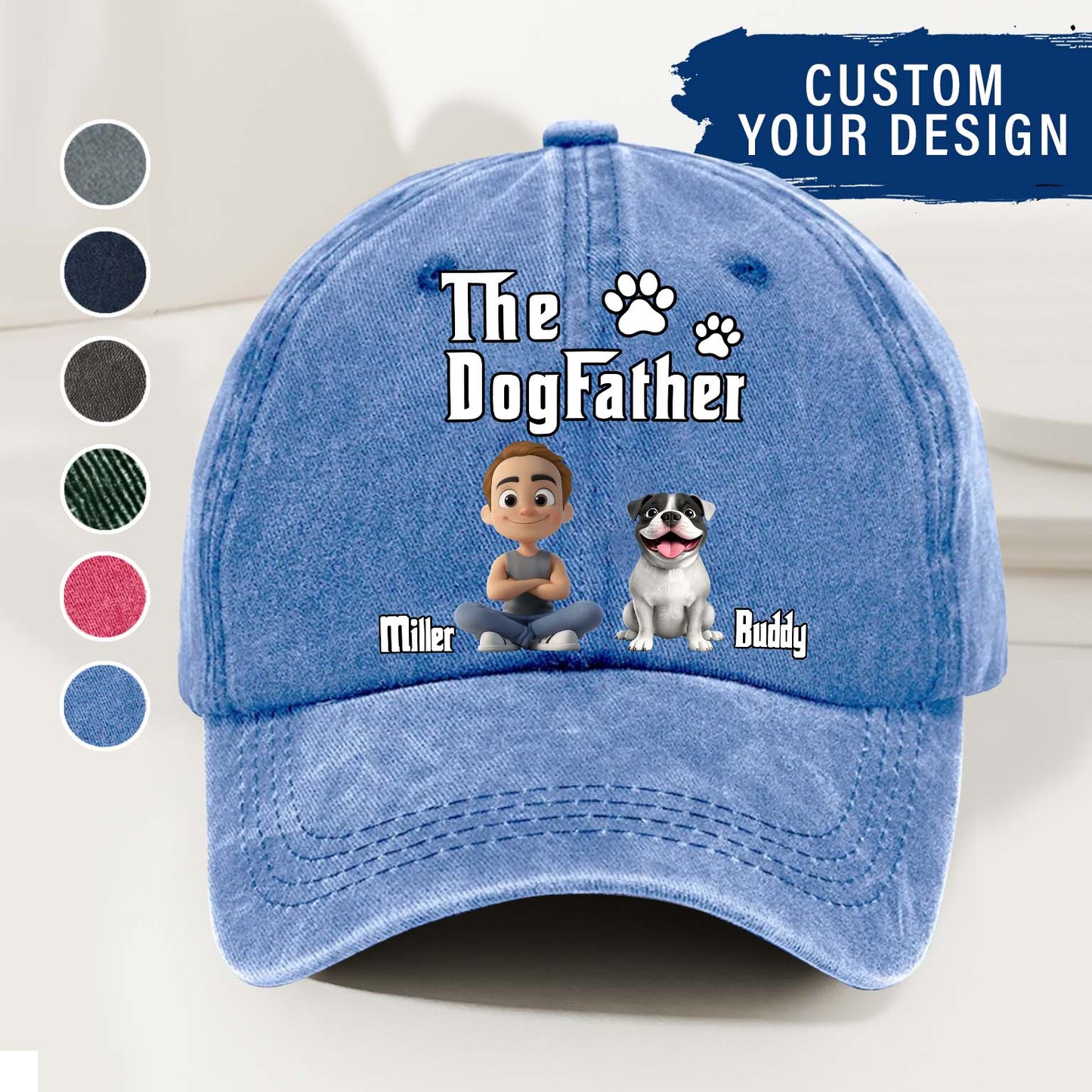 Cool Dog Father - Personalized Custom Vintage Washed Denim Cap