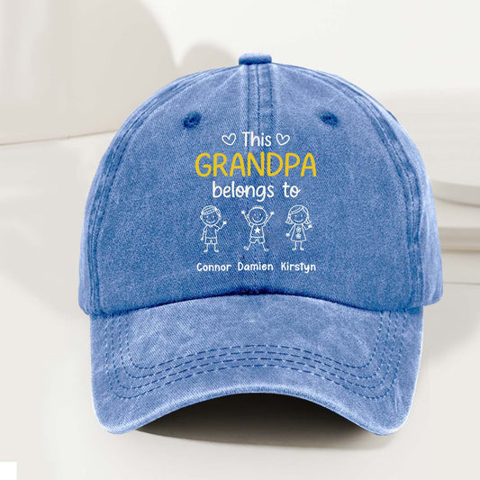 This Grandpa Belongs To Us - Personalized Custom Vintage Washed Denim Cap