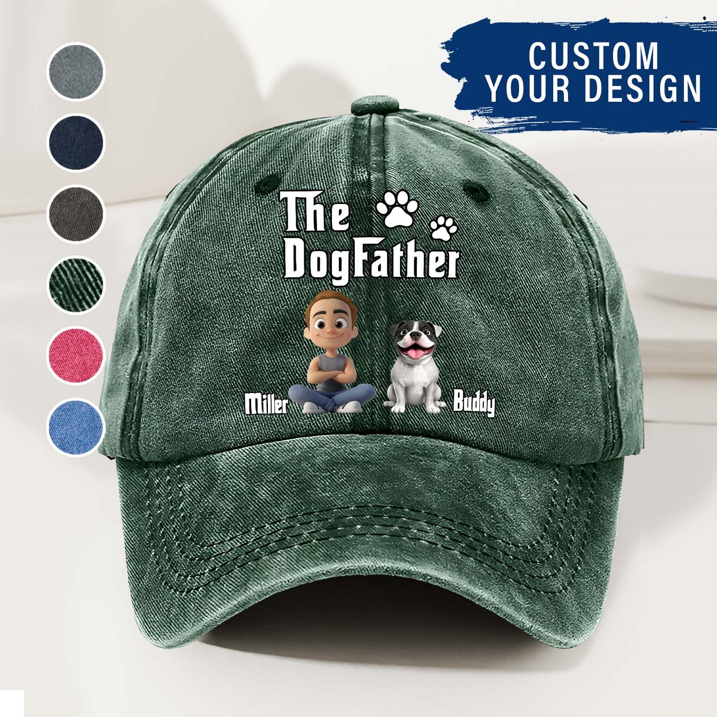 Cool Dog Father - Personalized Custom Vintage Washed Denim Cap
