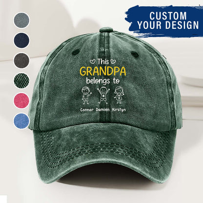 This Grandpa Belongs To Us - Personalized Custom Vintage Washed Denim Cap