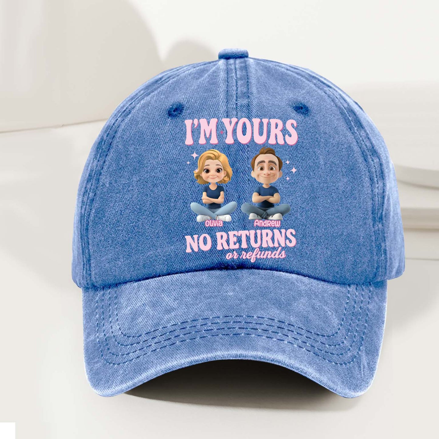 Personalized Couple Denim Wash Cap – I’m Yours, No Refunds