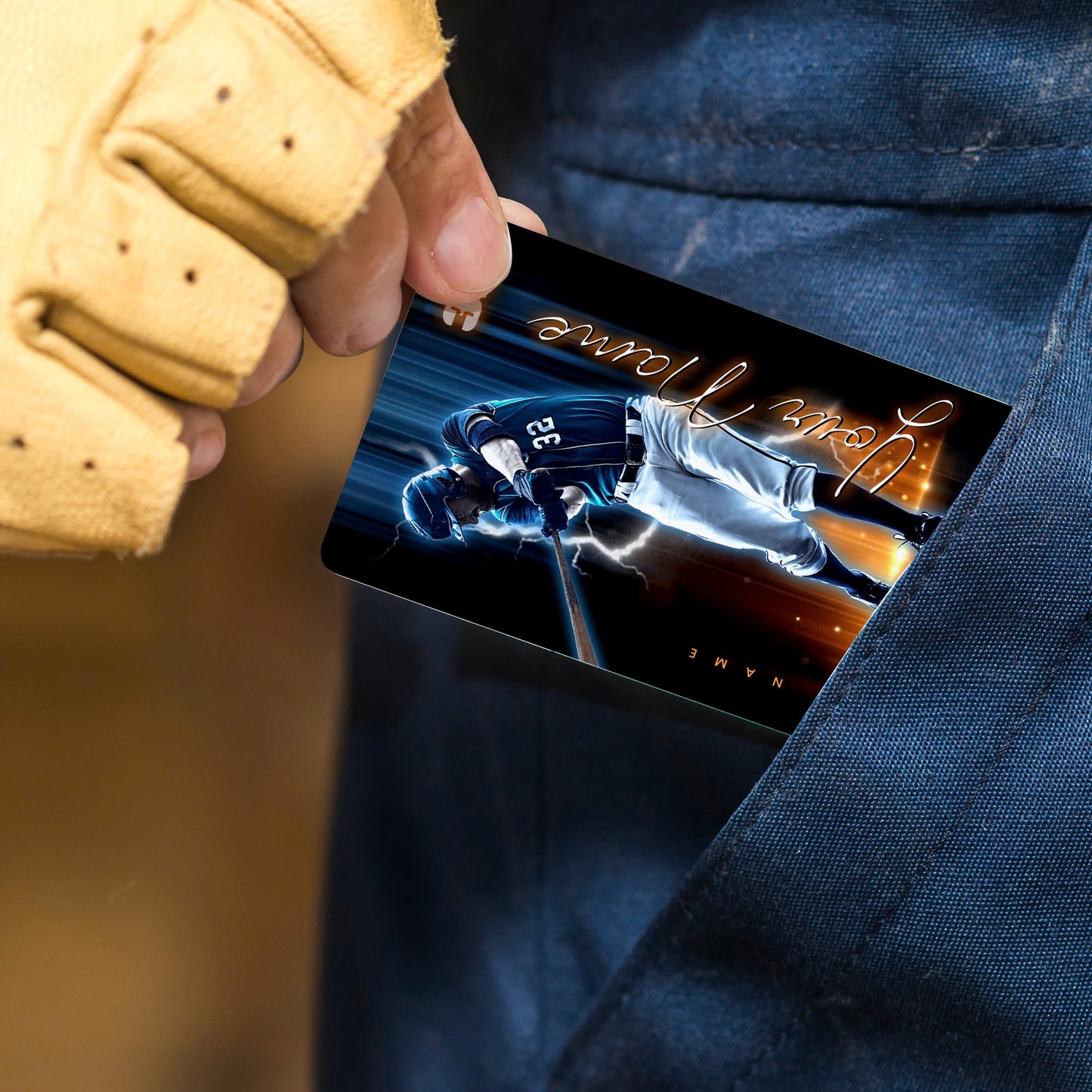 Custom Photo Baseball Card - Personalized "Electric Strike" Card - Aluminum Wallet Card